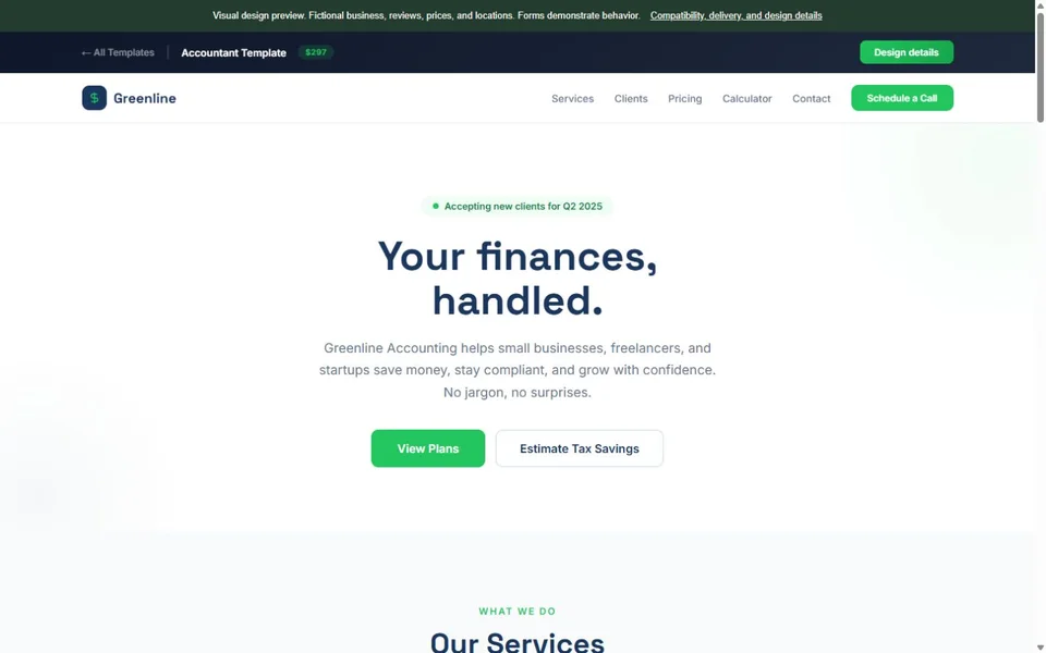 Accountant visual website design with fictional business content