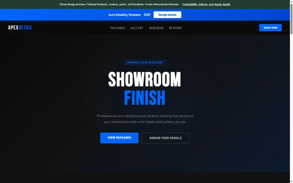 Auto Detailing visual website design with fictional business content