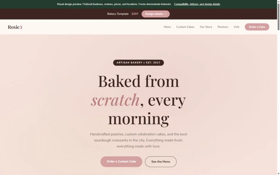Bakery visual website design with fictional business content