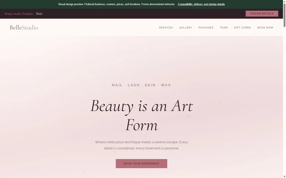 Beauty Studio visual website design with fictional business content