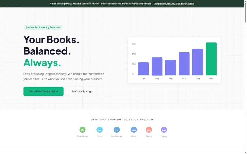 Bookkeeping visual website design with fictional business content