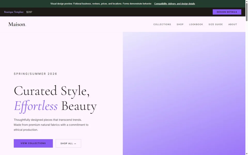 Boutique visual website design with fictional business content