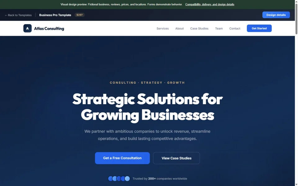 Business Pro visual website design with fictional business content