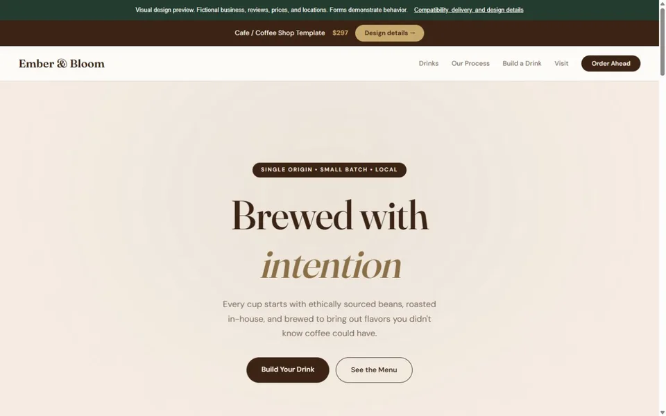 Cafe visual website design with fictional business content