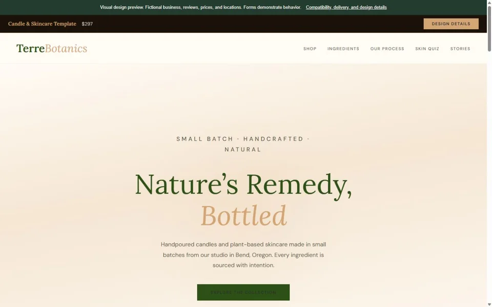 Candle & Skincare visual website design with fictional business content