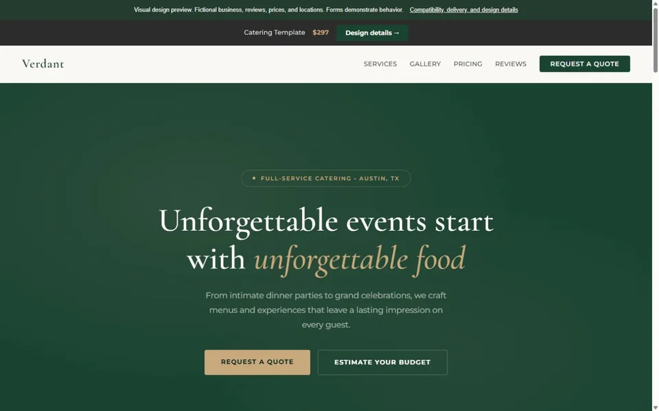 Catering visual website design with fictional business content