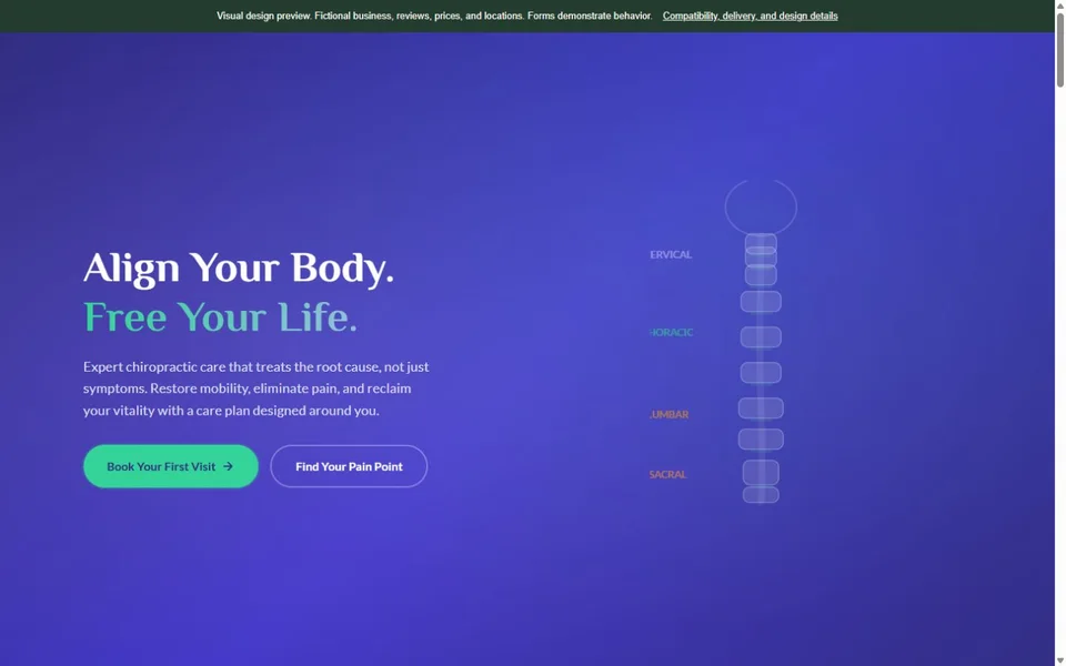 Chiropractor visual website design with fictional business content