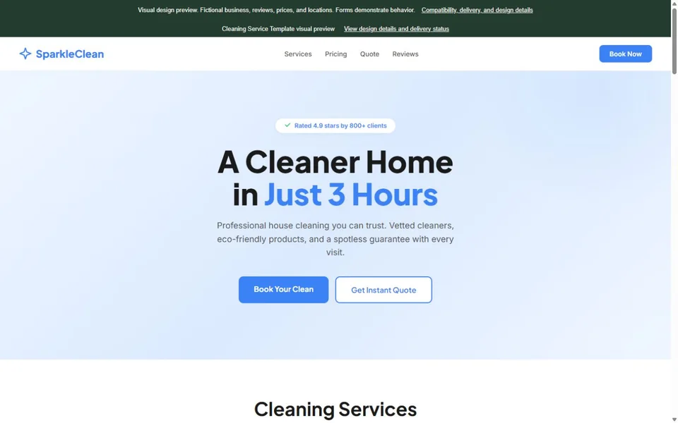 Cleaning Service visual website design with fictional business content