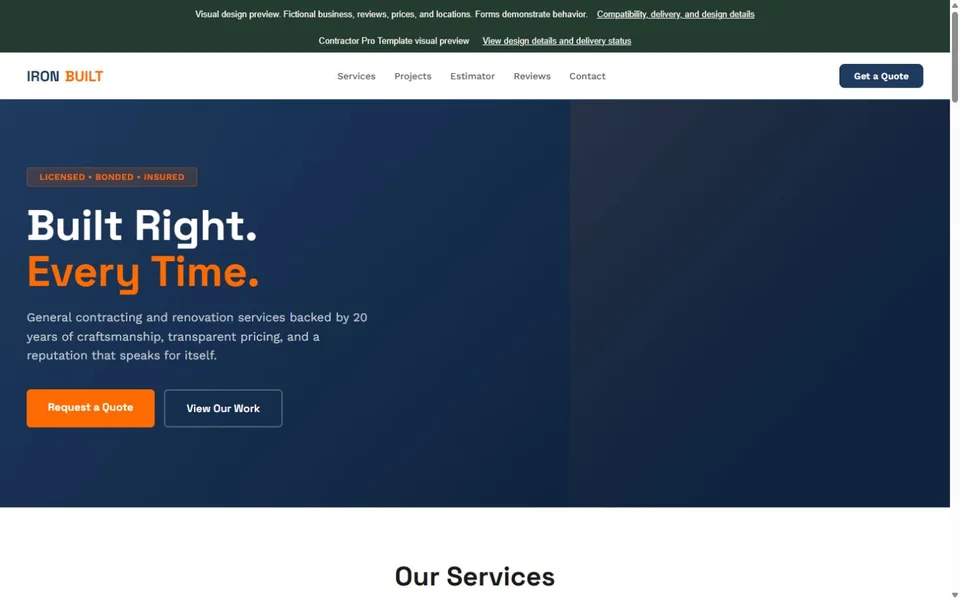 Contractor website visual preview with fictional sample project content