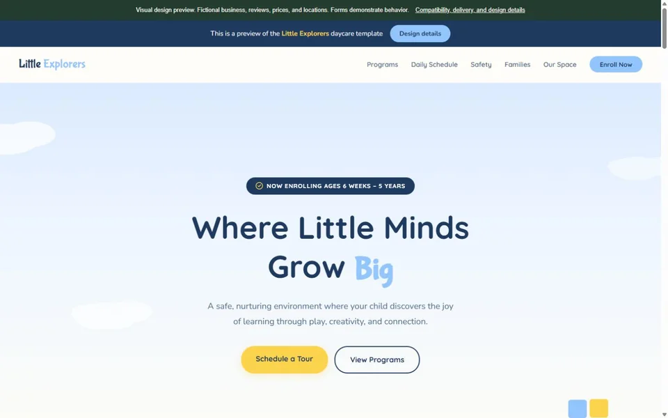 Daycare visual website design with fictional business content