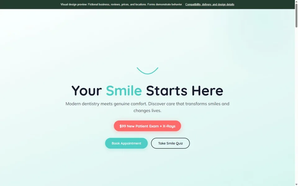 Dental Office visual website design with fictional business content