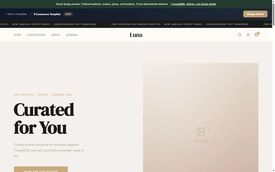 E-Commerce visual website design with fictional business content