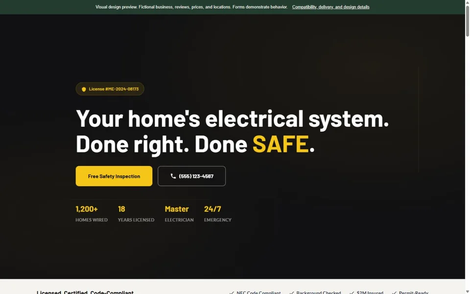 Electrical visual website design with fictional business content