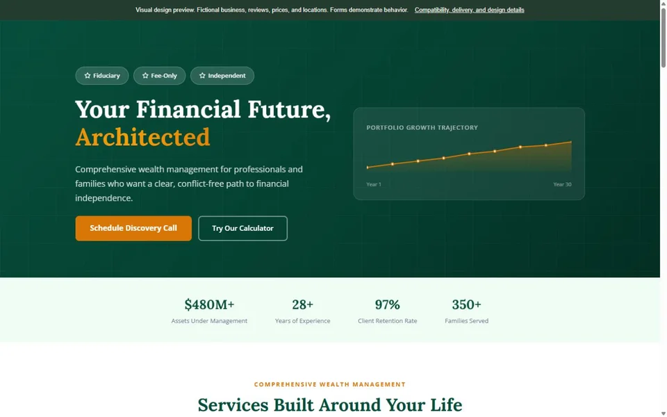 Financial Advisor visual website design with fictional business content