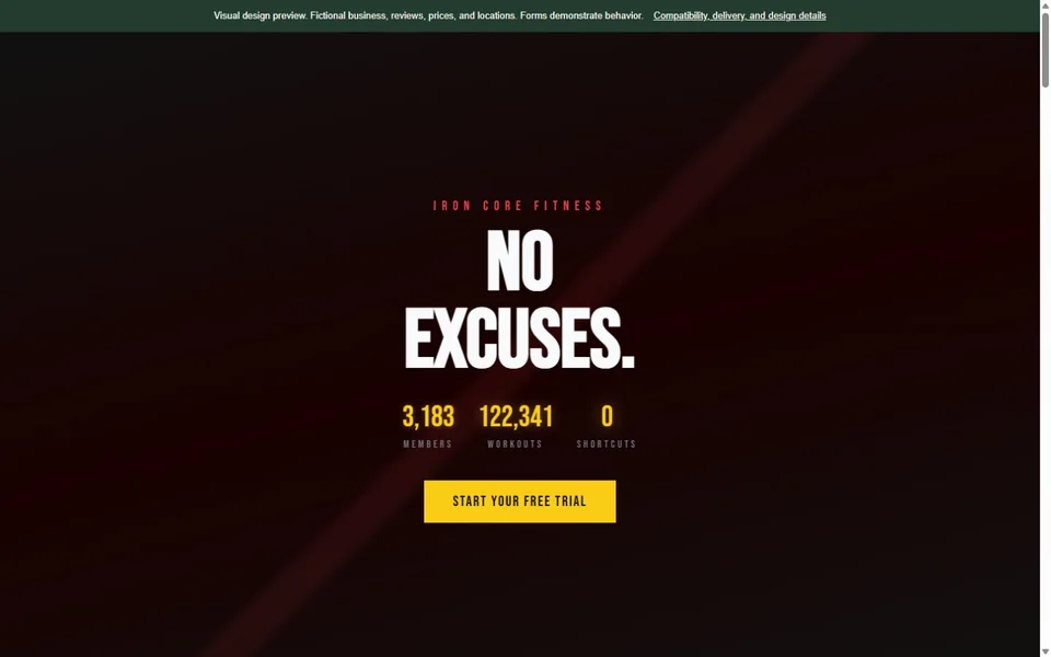 Fitness Gym visual website design with fictional business content