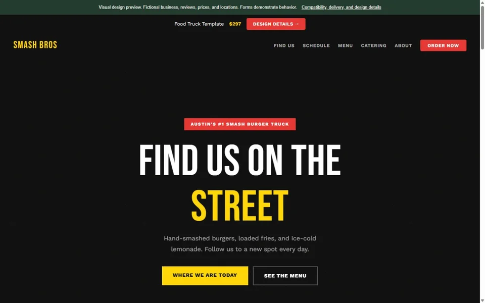 Food Truck visual website design with fictional business content