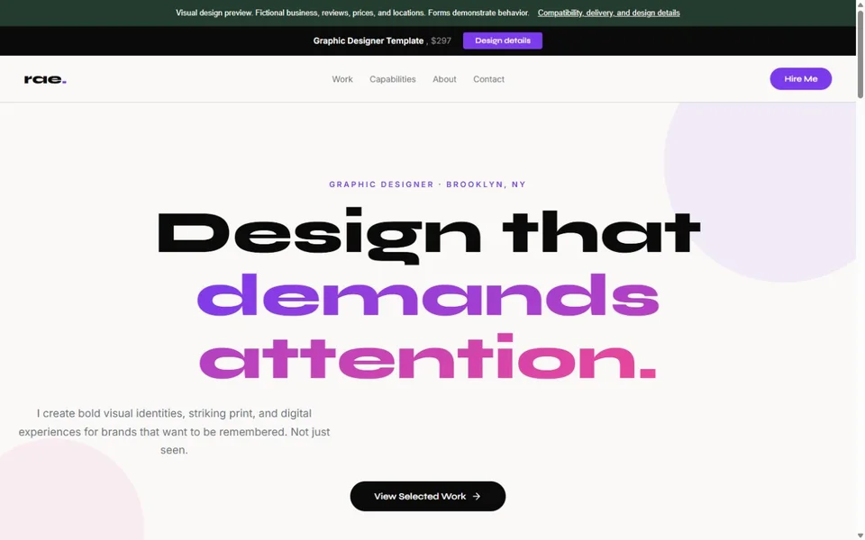 Graphic Designer visual website design with fictional business content