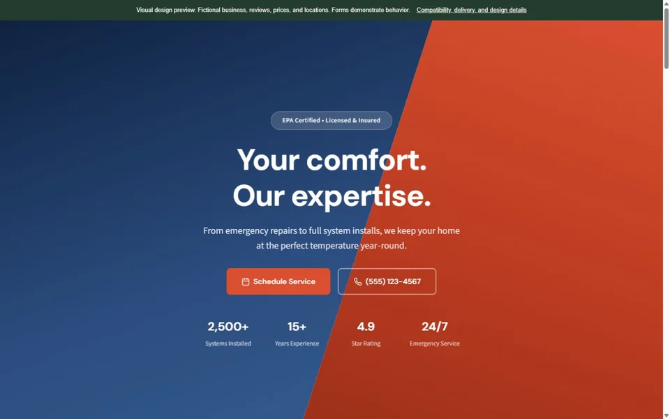 HVAC visual website design with fictional business content