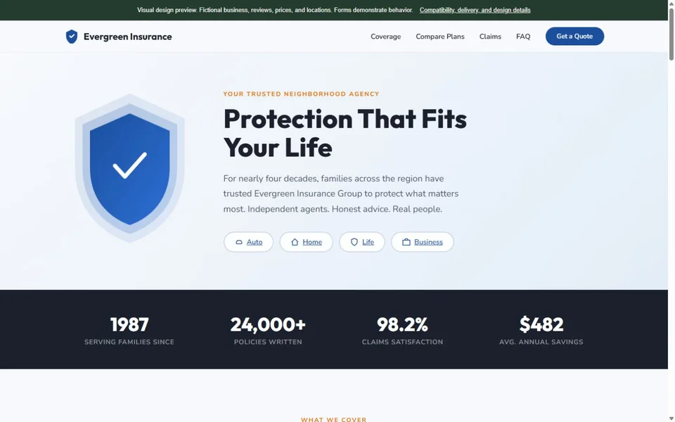 Insurance Agency visual website design with fictional business content