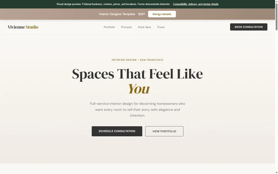 Interior Designer visual website design with fictional business content
