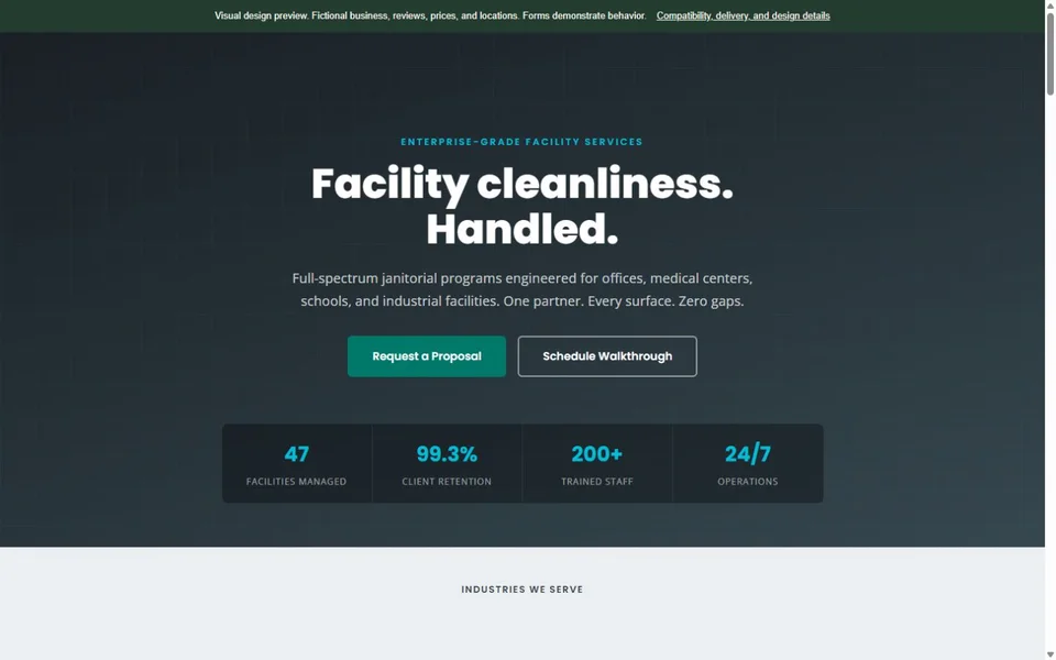 Janitorial visual website design with fictional business content
