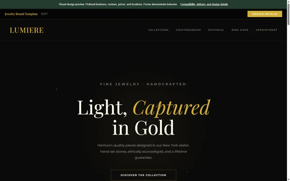 Jewelry Brand visual website design with fictional business content