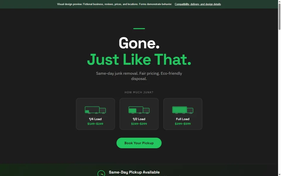 Junk Removal visual website design with fictional business content