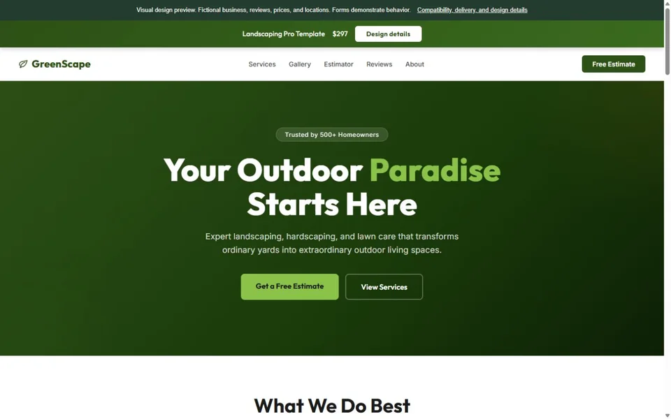 Landscaping visual website design with fictional business content
