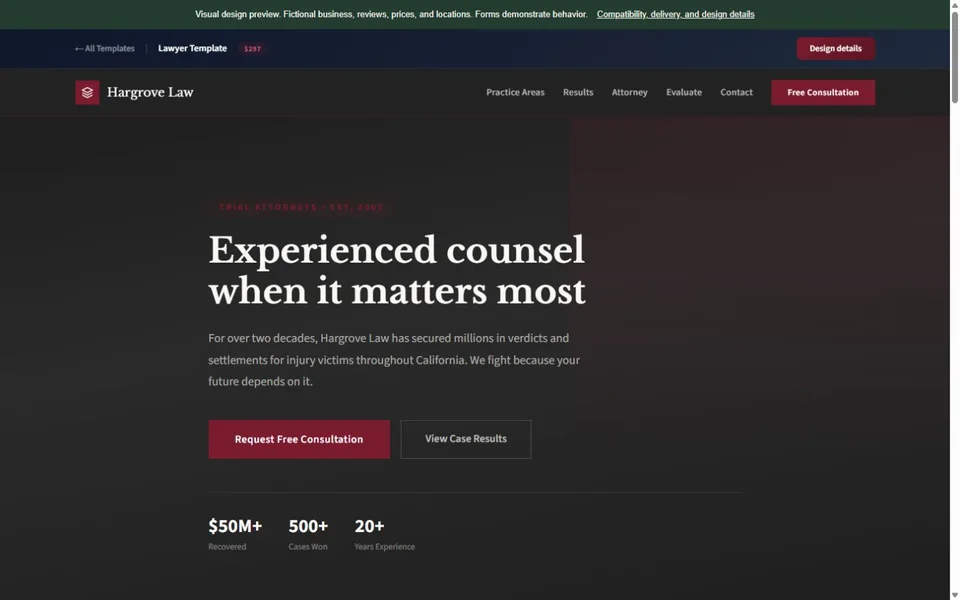 Lawyer visual website design with fictional business content
