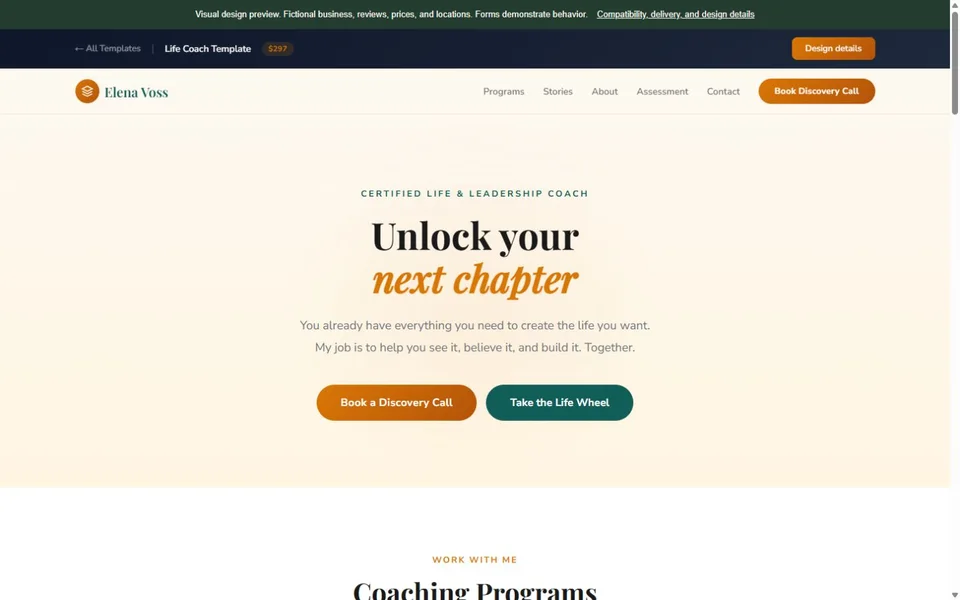Life Coach visual website design with fictional business content