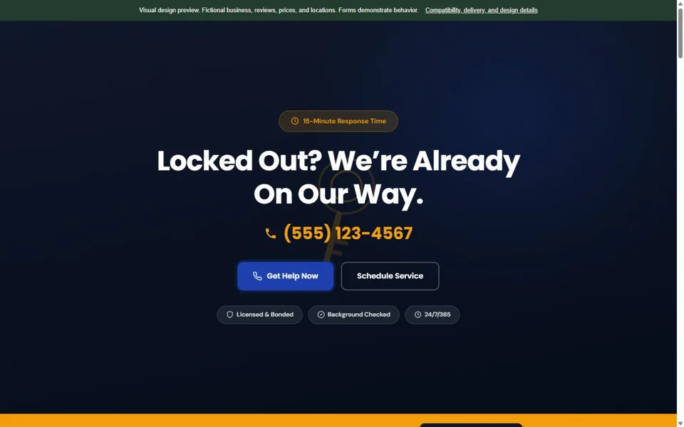Locksmith visual website design with fictional business content
