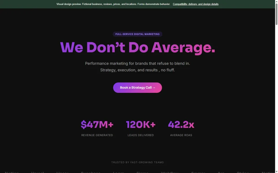 Marketing Agency visual website design with fictional business content