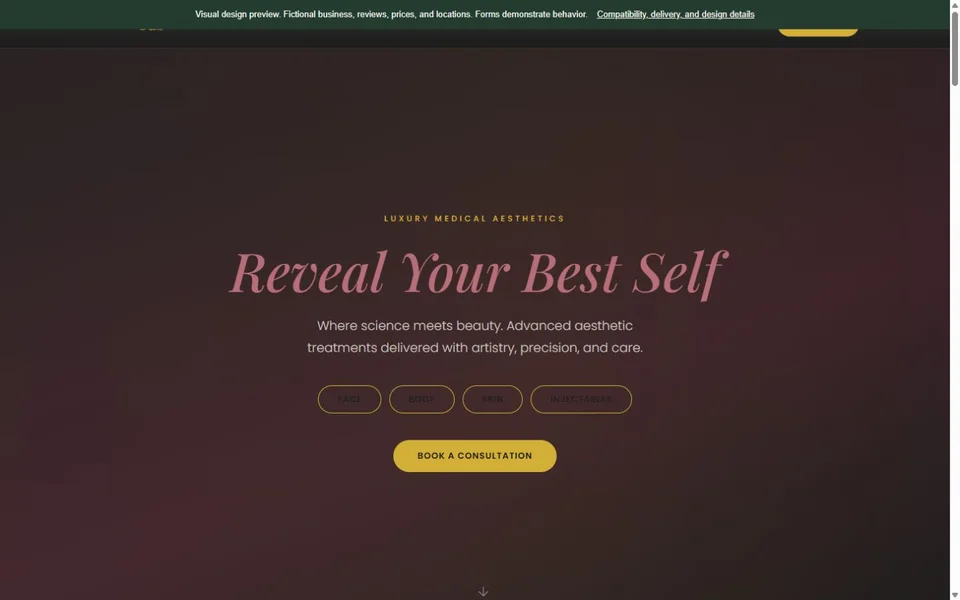 Med Spa visual website design with fictional business content