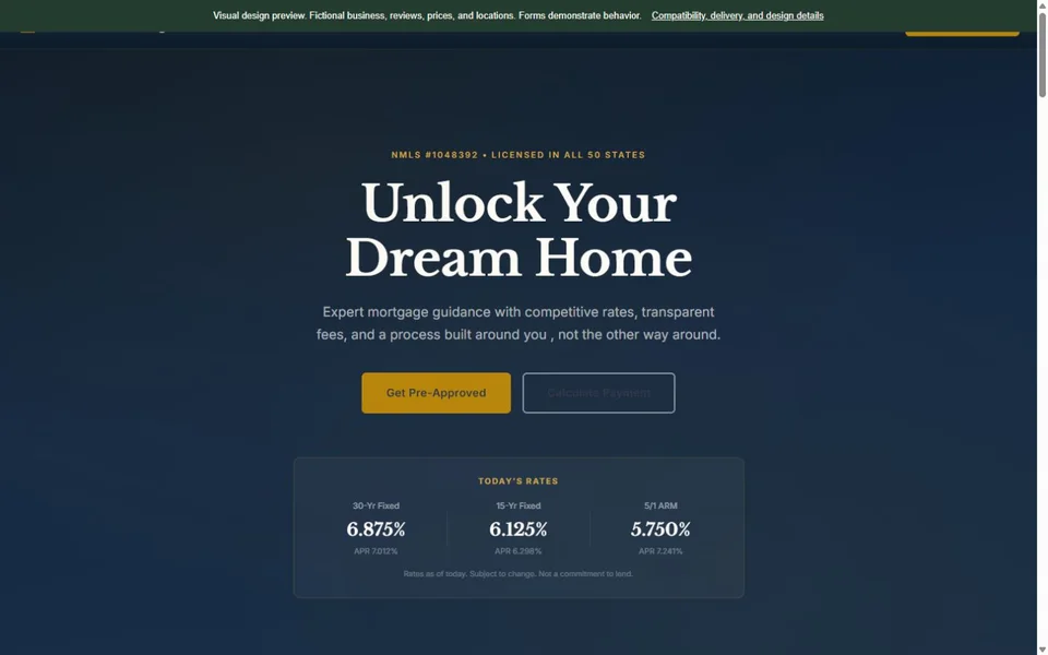 Mortgage Broker visual website design with fictional business content