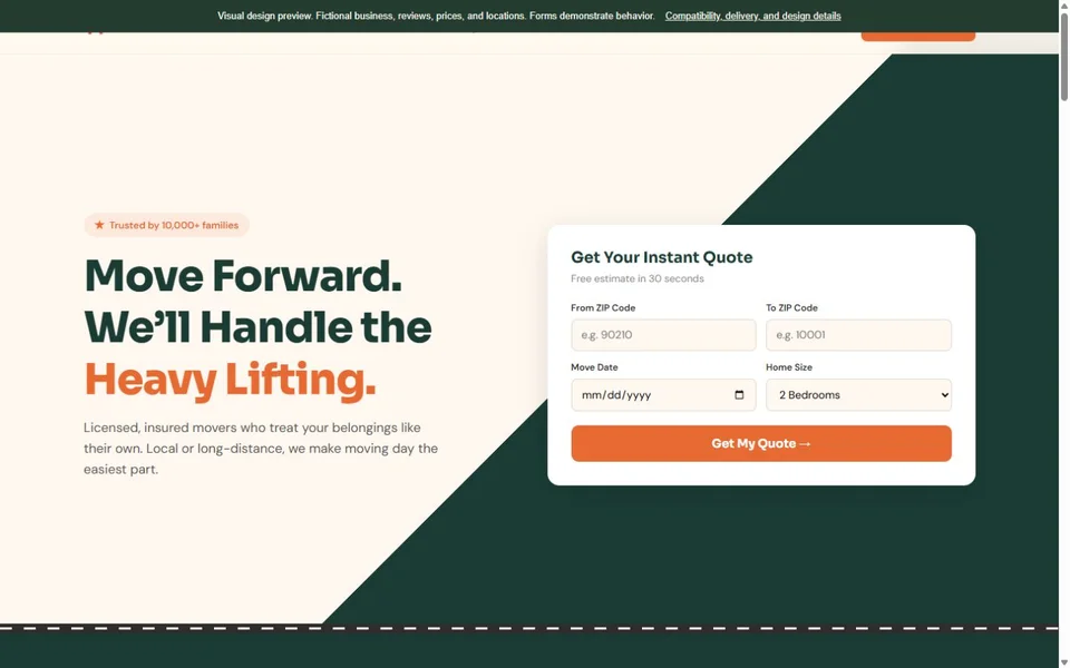 Moving Company visual website design with fictional business content
