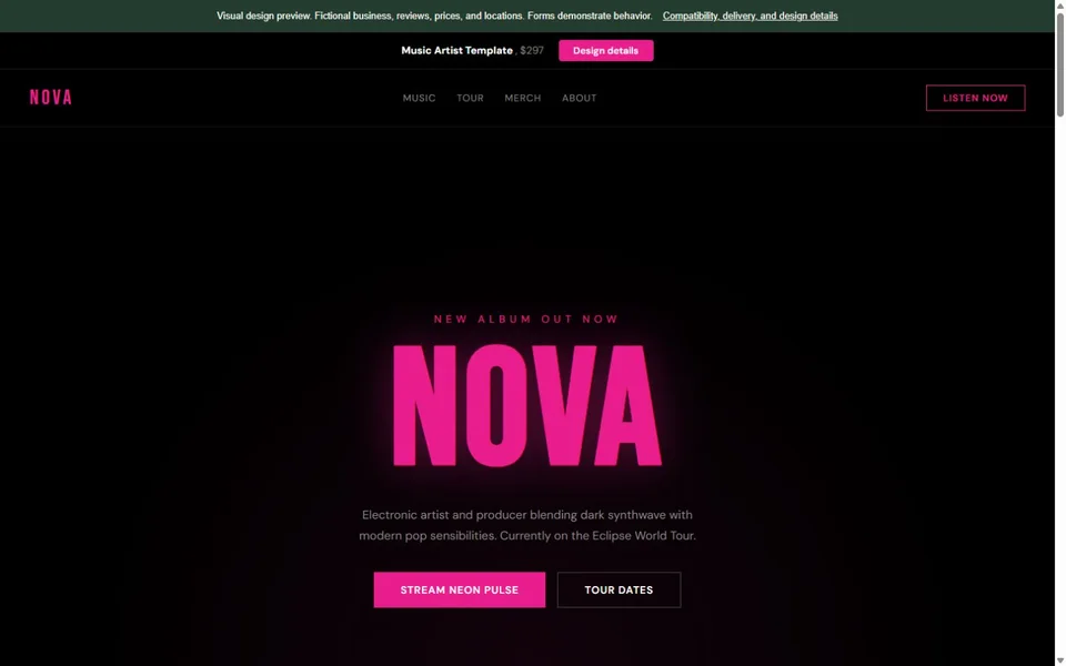 Music Artist visual website design with fictional business content