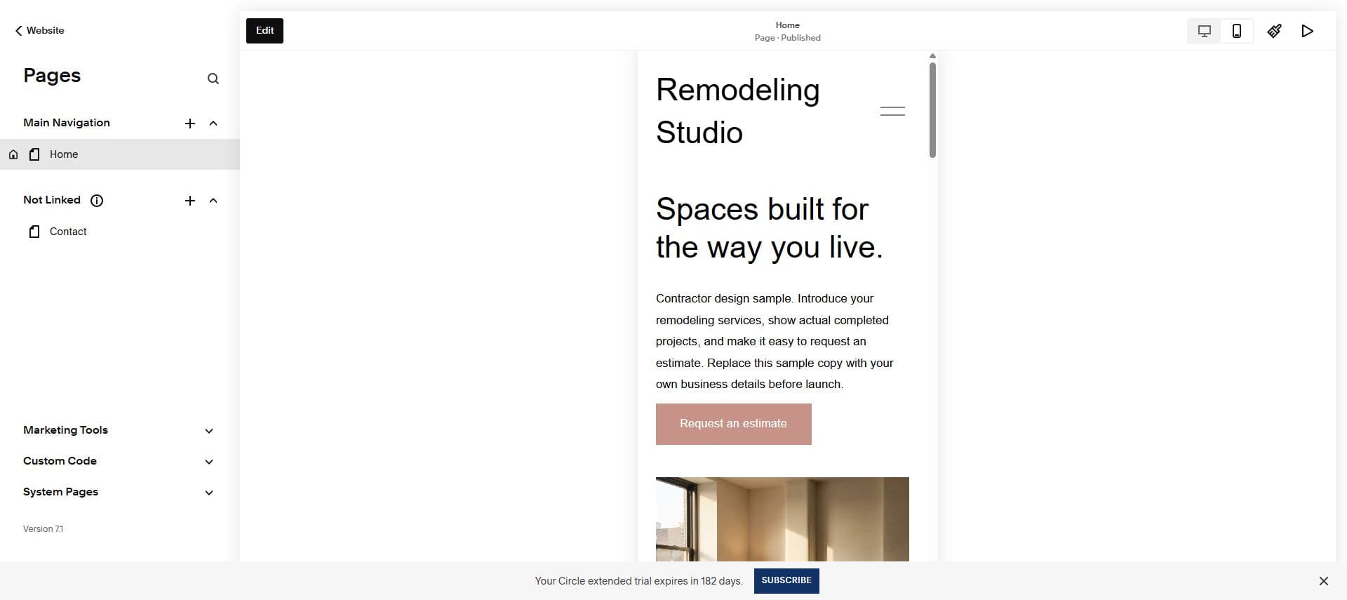 The actual Remodeling Studio site in the Squarespace 7.1 editor, showing Home and Contact