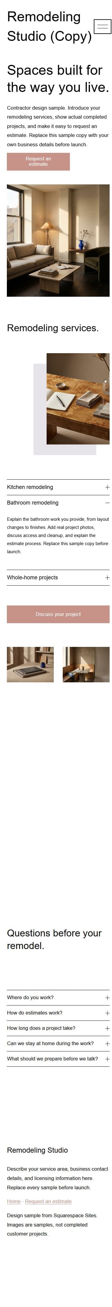 Actual Remodeling Studio Home page with introduction, services, project gallery and FAQs