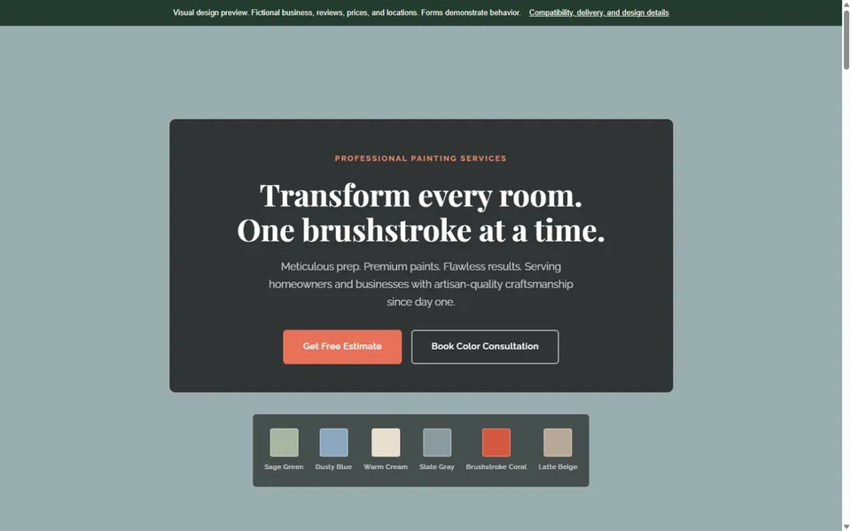 Painting visual website design with fictional business content