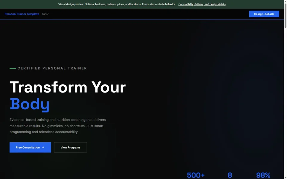 Personal Trainer visual website design with fictional business content