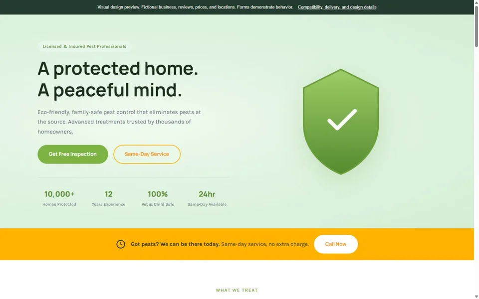 Pest Control visual website design with fictional business content