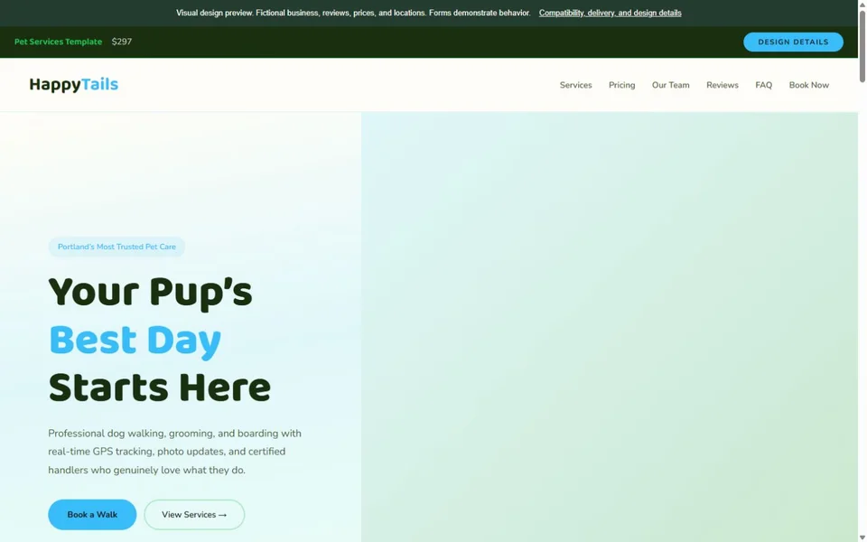 Pet Services visual website design with fictional business content