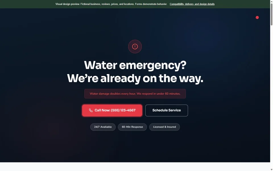 Plumbing visual website design with fictional business content