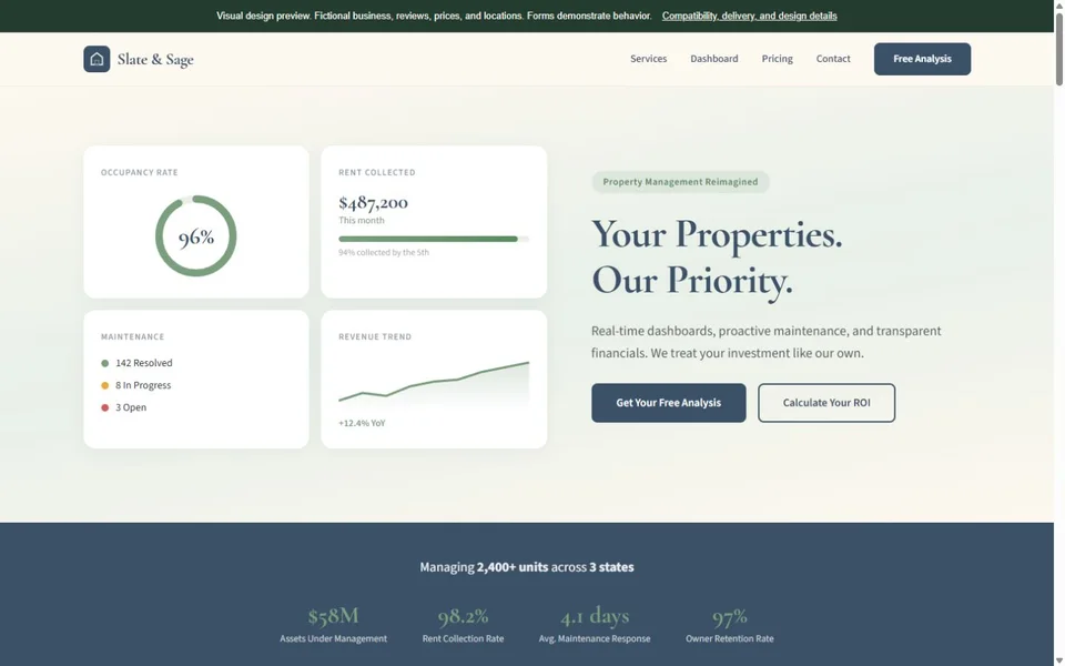 Property Management visual website design with fictional business content