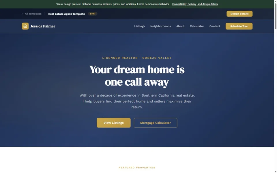 Real Estate visual website design with fictional business content