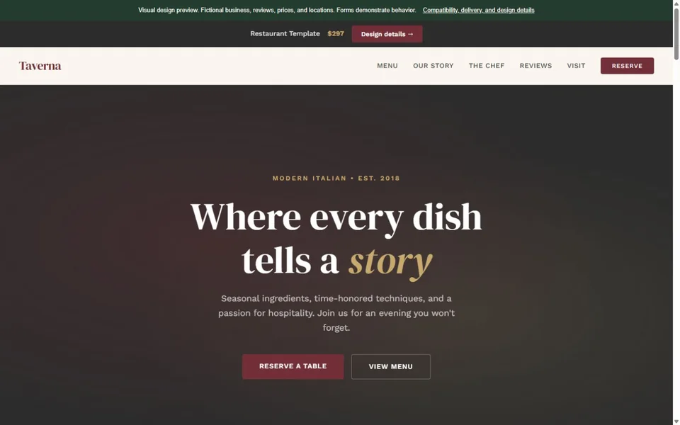 Restaurant visual website design with fictional business content