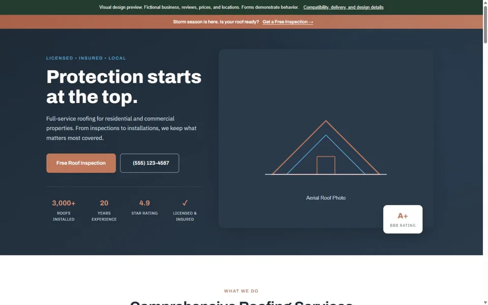 Roofing visual website design with fictional business content