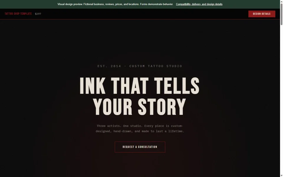 Tattoo Shop visual website design with fictional business content