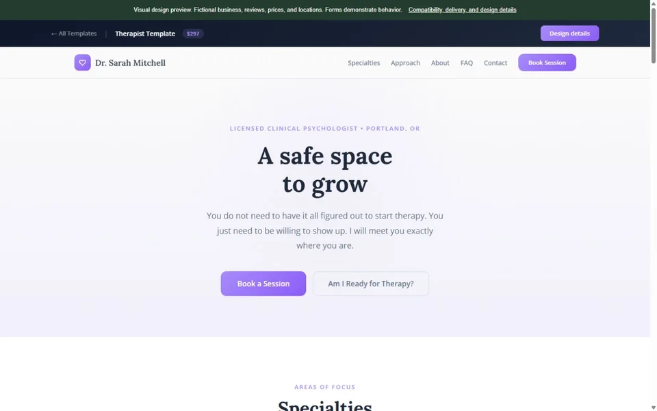 Therapist visual website design with fictional business content
