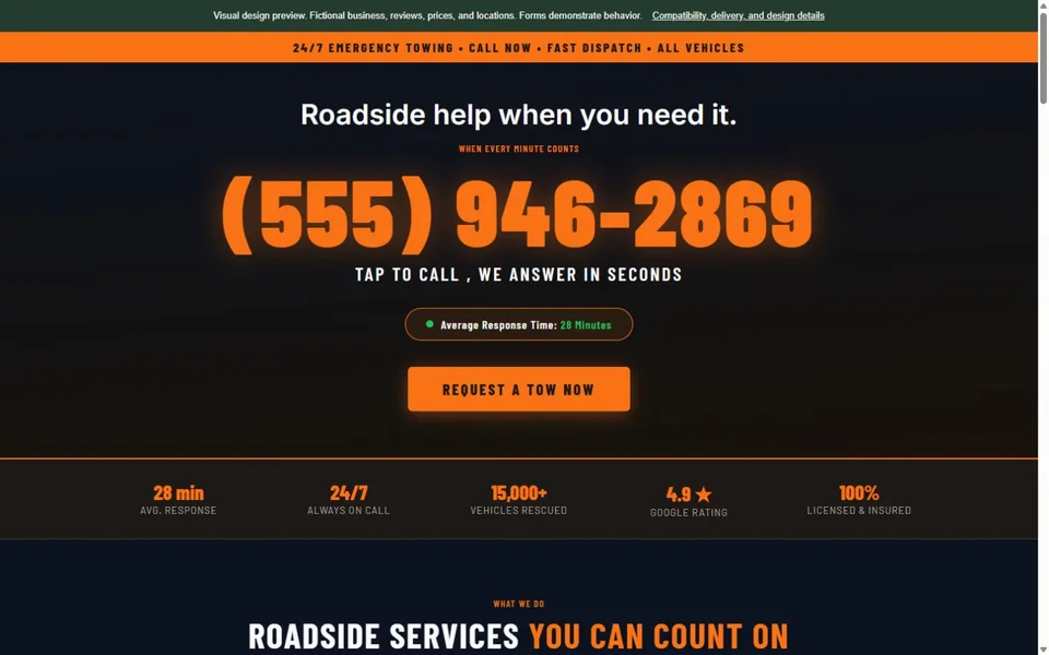 Towing Company visual website design with fictional business content